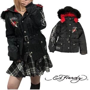 Vintage Ed Hardy Black Jacket with Red Accents and Fur Trim